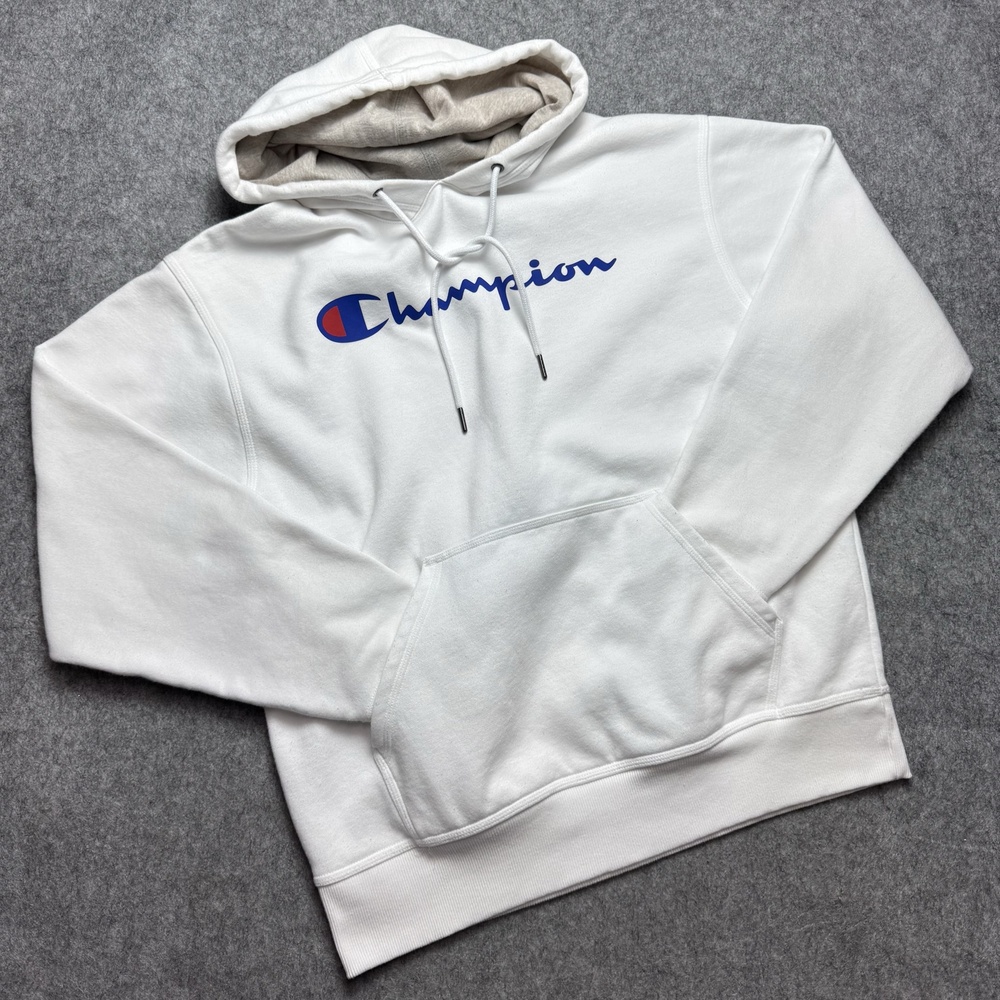 Champion Hoodie Mens Medium White Front Script Logo Pullover Fleece Sweatshirt